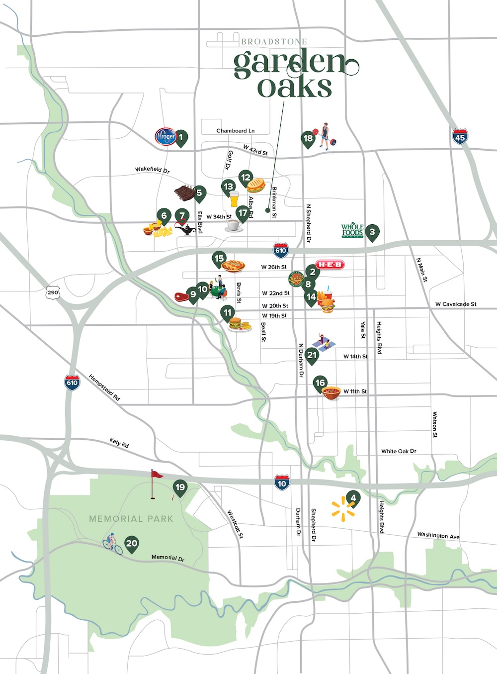 Illustrative map of the Houston neighborhood near Broadstone Garden Oaks