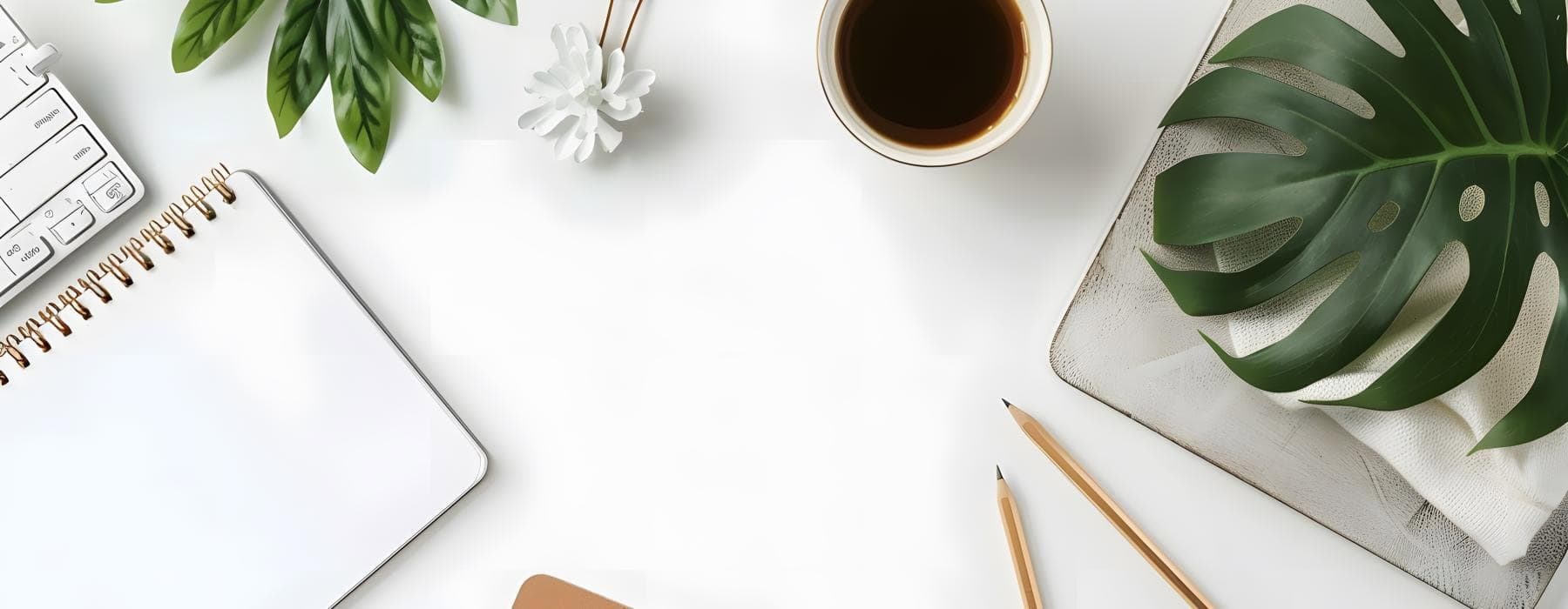 overhead view of desk items such as a coffee and pencils