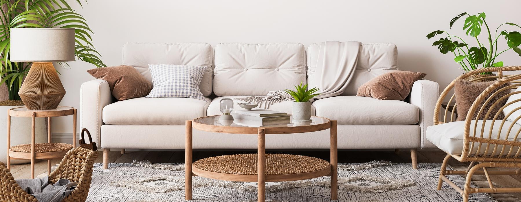 a white couch with a table and chairs in a room with plants